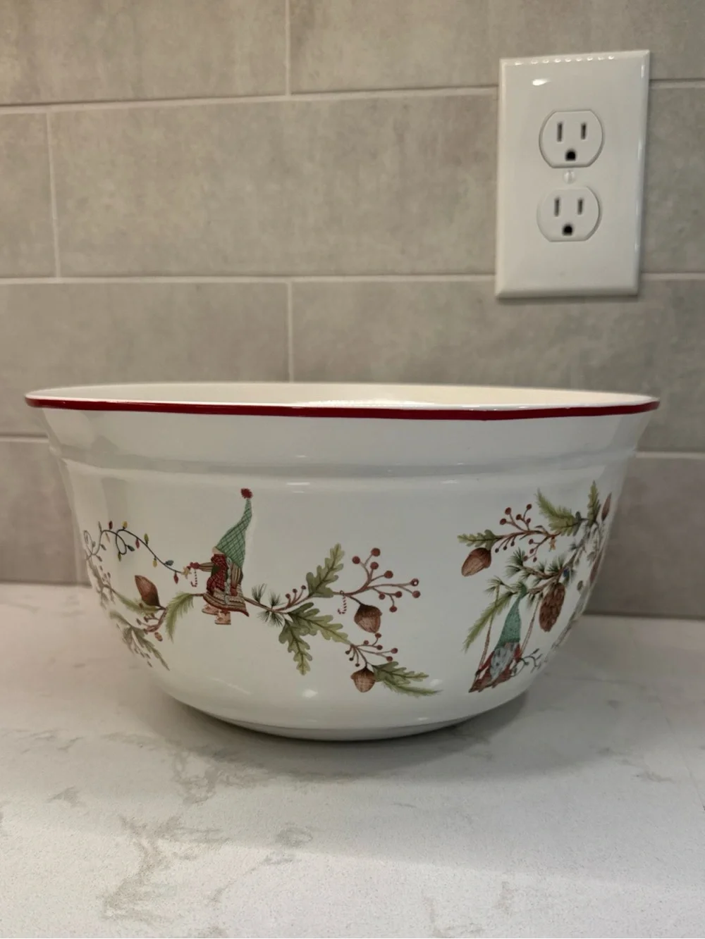 Pottery barn Festive Holiday Forest Gnome large Mixing Bowl with Red Rim